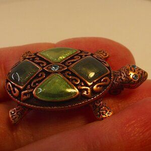 Cute Turtle Brooch Pin - Green Enamel Blue Crystal Eyes - Bronze Tone
